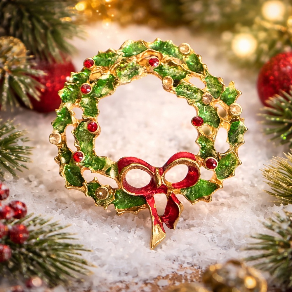 Vintage Christmas Wreath Brooch Enamel Holly Red Bow Gold Tone Holiday Pin